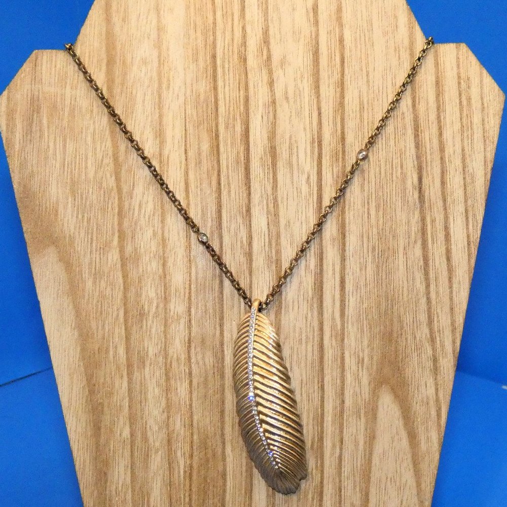 Vintage Signed PJM Feather Pendant Necklace Phoenix Jewelry Rhinestone Leaf